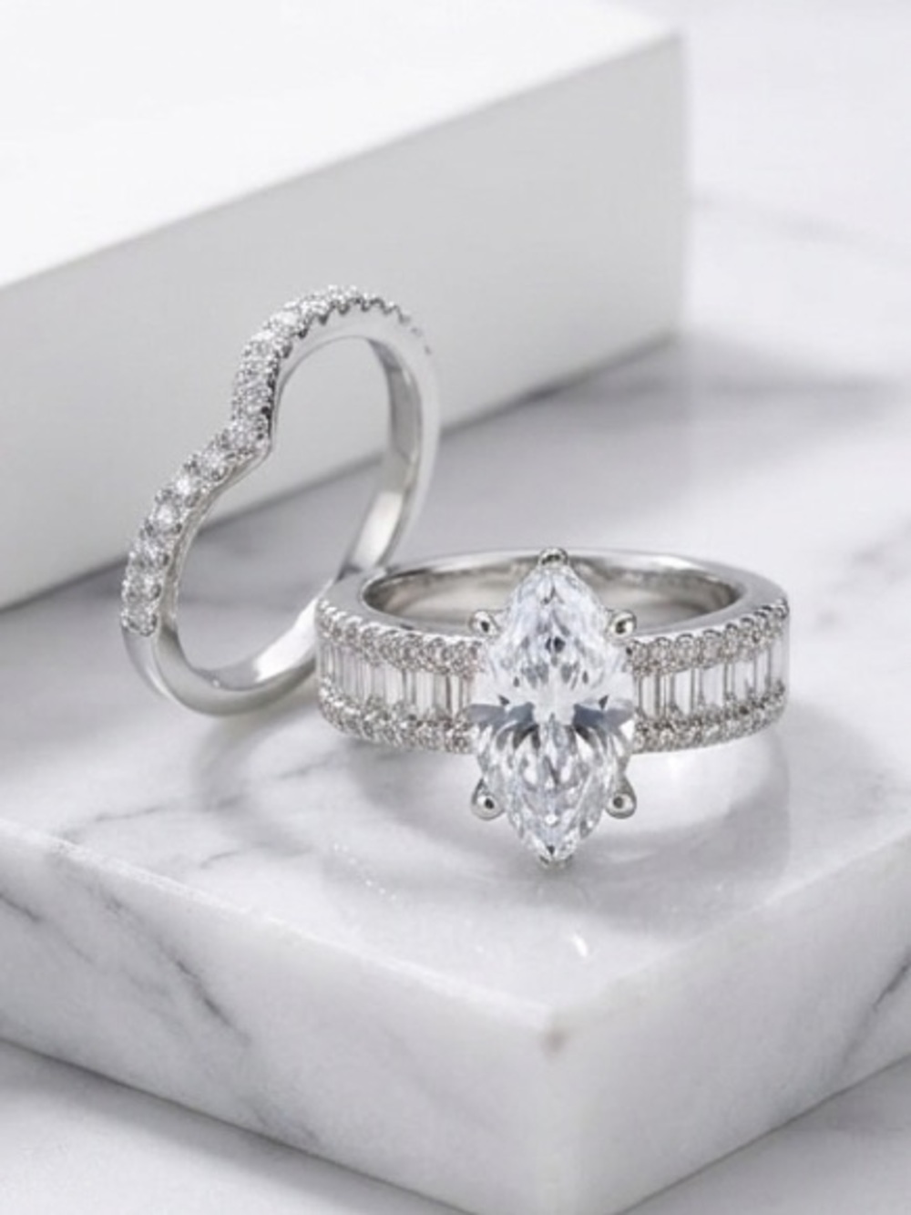 Silver tone & Cubic Zirconia Marquise Solitaire Engagement Ring Set Jewelry